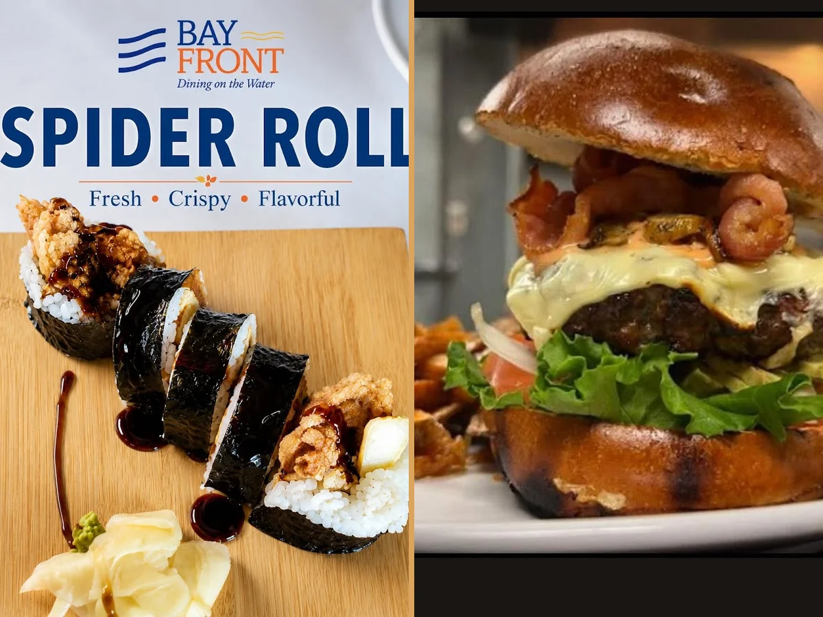 Assorted rolls served on dark plates.
